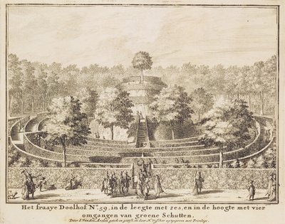 Topiary maze with four exits and a central mound, engraved by Johannes Van den Aveele by Nicolaes Jansz Visscher